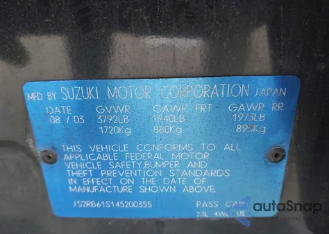 2004 Suzuki Aerio Lx/S from USA, damaged, VIN JS2RB61S145200355